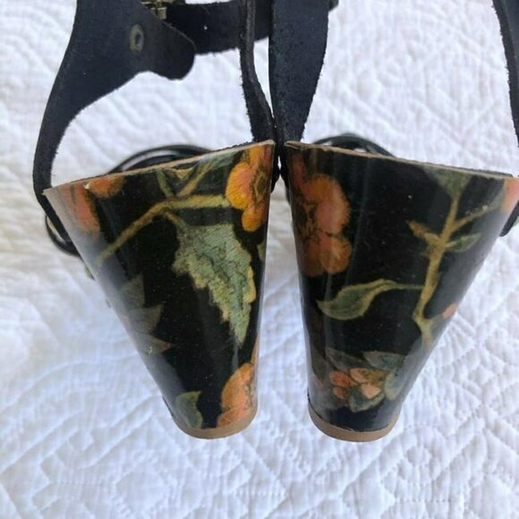 Isabel Marant Black Bianaca Leather Wooden Wedge Floral Print Sandals Eu 37 - Picture 10 of 12